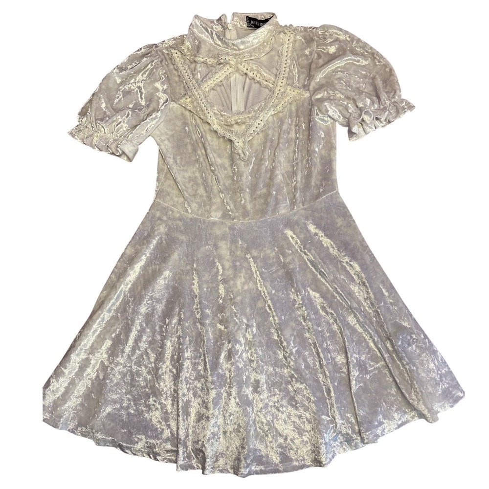 Dark In Love Women's White Velvet Lace Trim Puff Sleeve‎ Gothic Dress, XL